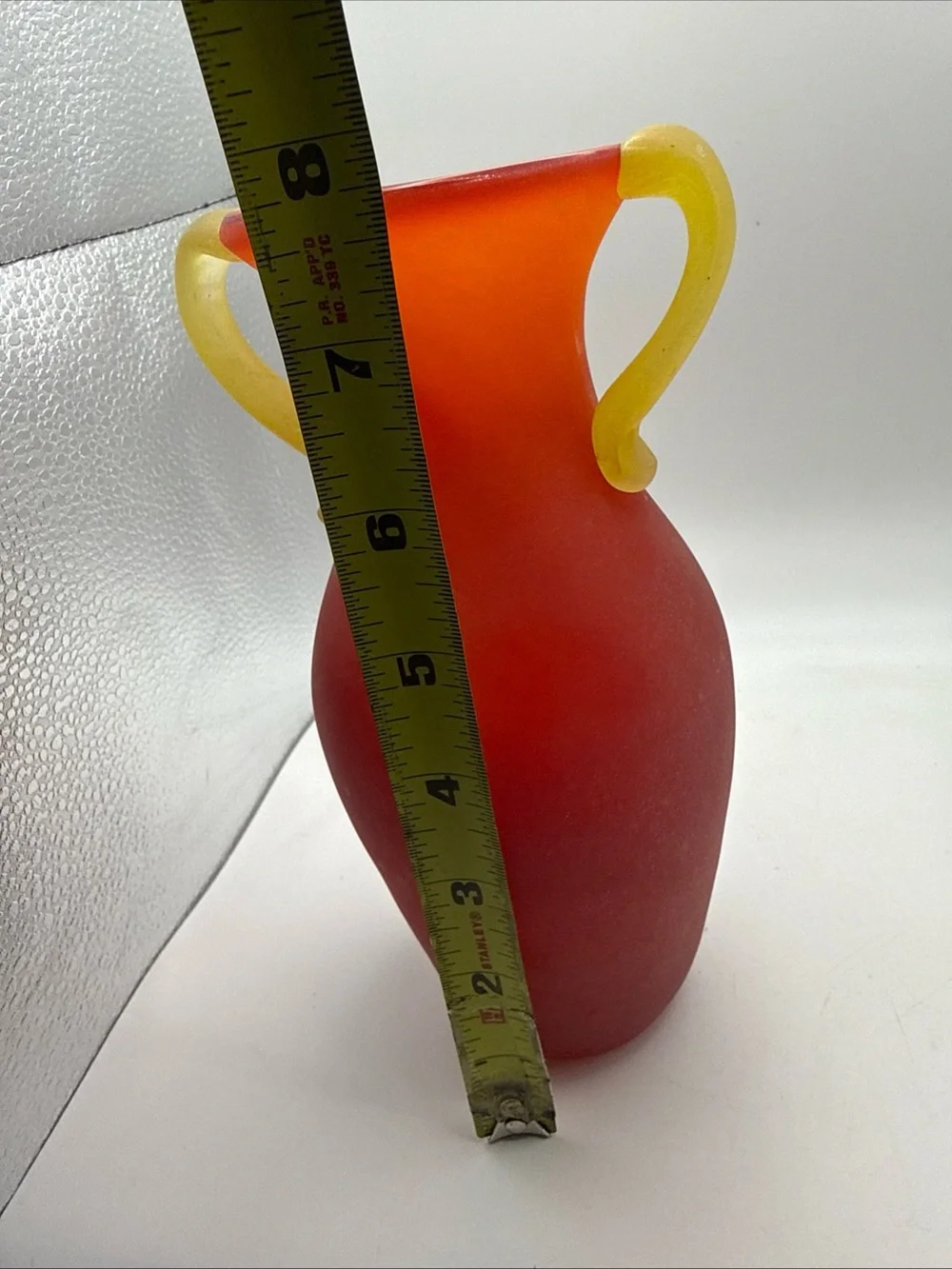 Murano Style Glass Vase Amphora Roman Style Red w/ Yellow Scroll Handles Scavo